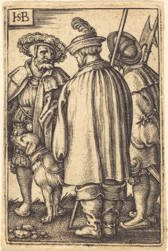Three Soldiers and a Dog by Sebald Beham, print, 1540-1549