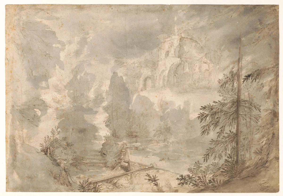 Bergachtig landschap met ruïne by Paulus Willemsz. van Vianen, drawing, 1598-1608
