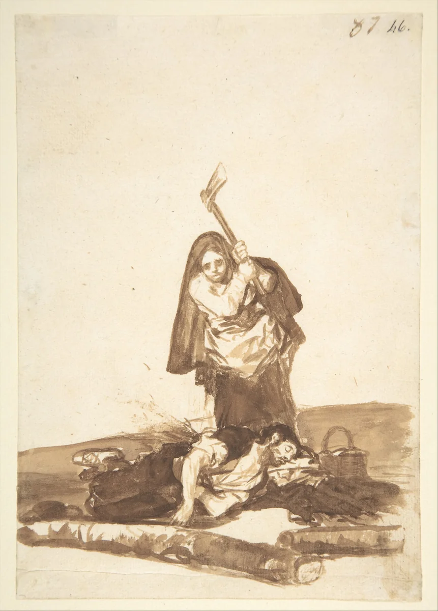 A woman attacking a sleeping man; page 87 from the "Images of Spain" Album (F) by Goya, drawing, 1807-1817