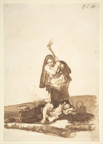 A woman attacking a sleeping man; page 87 from the "Images of Spain" Album (F) by Goya, drawing, 1807-1817