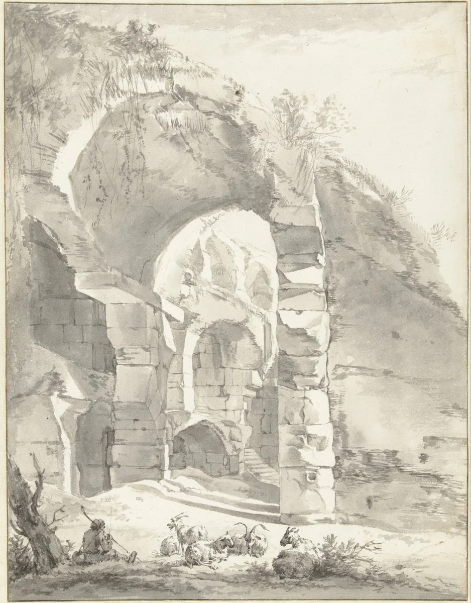 Roman Ruins with a Shepherd and a Flock of Sheep and Goats by Willem Romeyn, drawing, 1652-1655