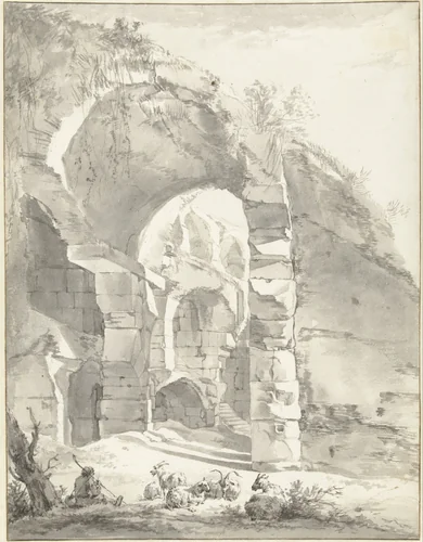 Roman Ruins with a Shepherd and a Flock of Sheep and Goats by Willem Romeyn, drawing, 1652-1655