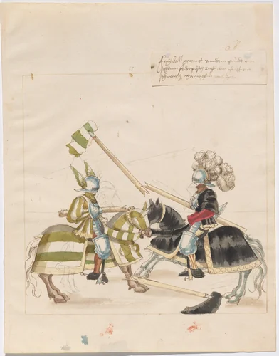 Mock Joust of War with Flying Shields by German 16th Century, drawing, 1515