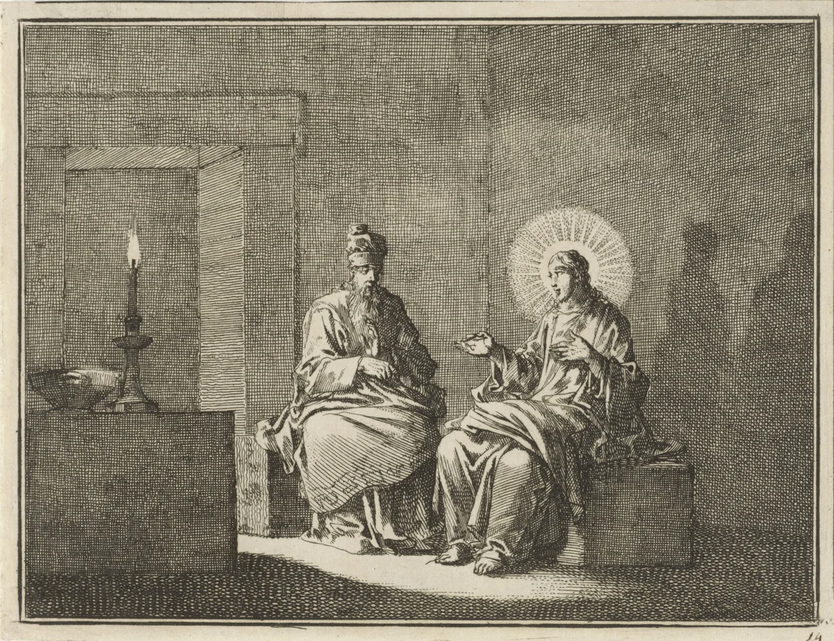Christus in gesprek met Nikodemus by Jan Luyken, print, 1712