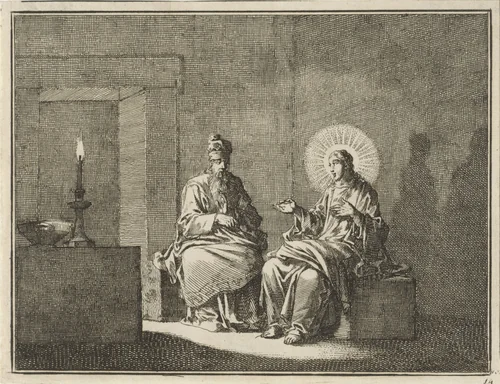 Christus in gesprek met Nikodemus by Jan Luyken, print, 1712