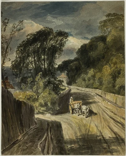 Two Horse Cart at Juncture in Road (recto); Park Landscape (verso) by Peter de Wint, painting, 1800-1899