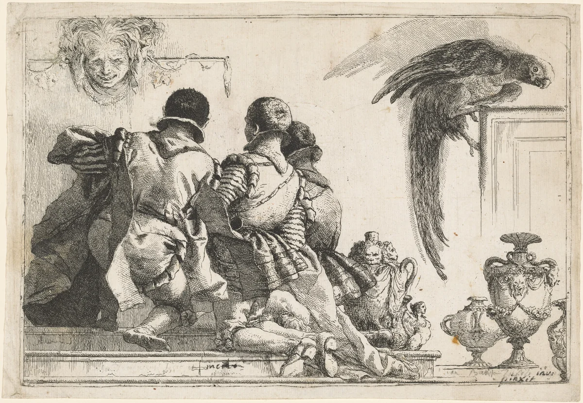 Kneeling Pages, a Mask, and a Parrot by Giovanni Domenico Tiepolo, print, 1770-1779