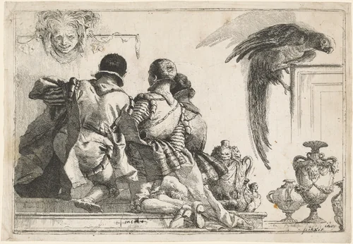 Kneeling Pages, a Mask, and a Parrot by Giovanni Domenico Tiepolo, print, 1770-1779