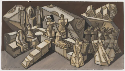 Stage design for the ballet Les Noces ( The Wedding ), Scene I, “Benediction of the Bride” by Sergei Soudeikine, drawing, 1929