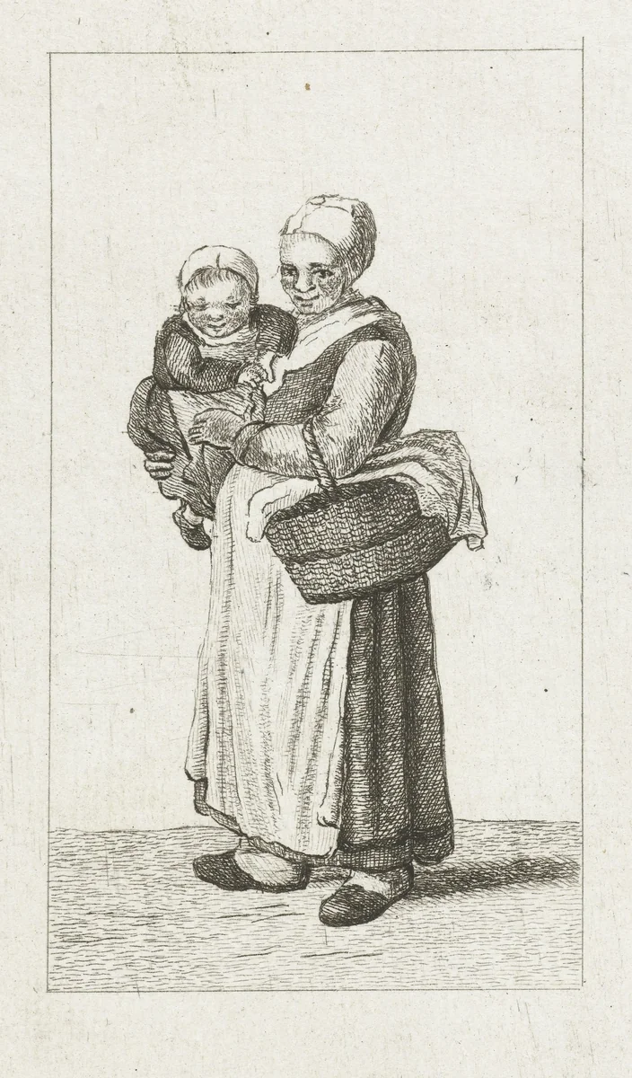 Staande vrouw met kind op de arm by Pieter de Mare, print, 1779