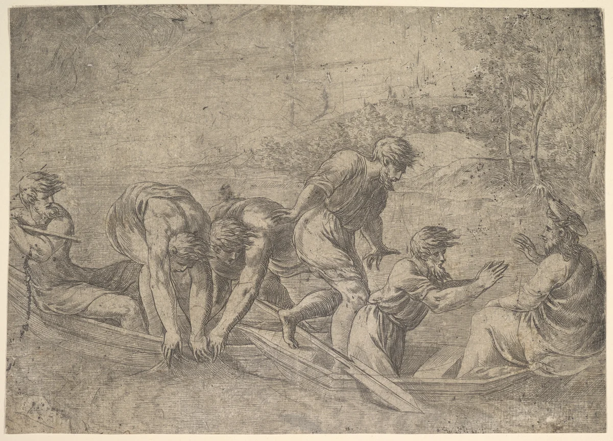 The miraculous draught of the fishes, Christ at the right accompanied by apostles in the boat by Andrea Schiavone, print, 1520-1570