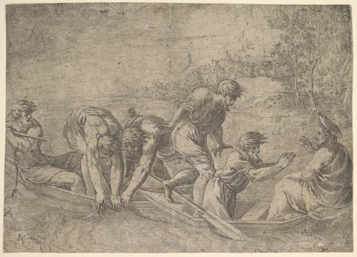 The miraculous draught of the fishes, Christ at the right accompanied by apostles in the boat by Andrea Schiavone, print, 1520-1570