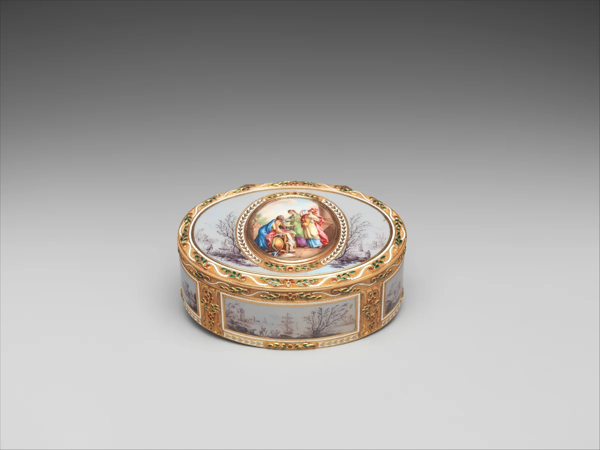 Snuffbox with Ulysses discovering Achilles and harbor scenes by Les Frères Souchay, metalwork, 1775-1785