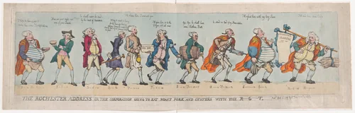 The Rochester Address or The Corporation Going To Eat Roast Pork and Oysters with the R-G-T. by Thomas Rowlandson, print, 1789