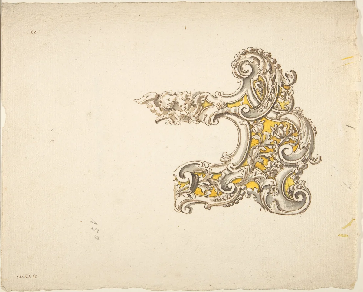 Half Rococo Cartouche with Cherubs by anonymous, drawing, 1700-1800