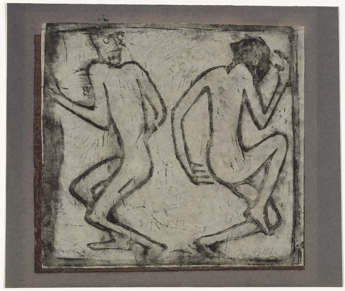 .a Two Dancers (Zwei Tanzende) .b Conversation (Unterredung) .c Conversation, (Unterredung) [partial stencil] by Christian Rohlfs, print, 1913