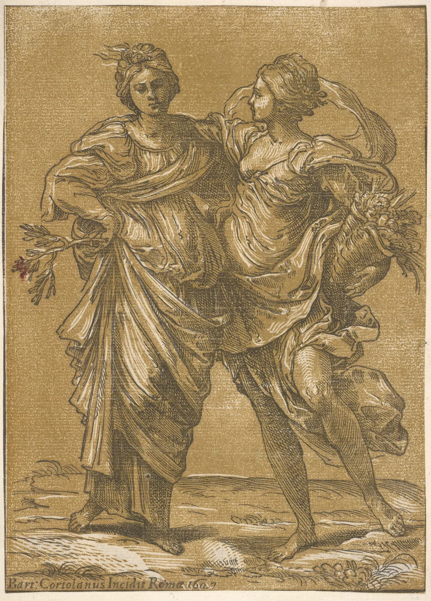 Two women representing the alliance of Peace and Abundance by Bartolomeo Coriolano, print, 1627