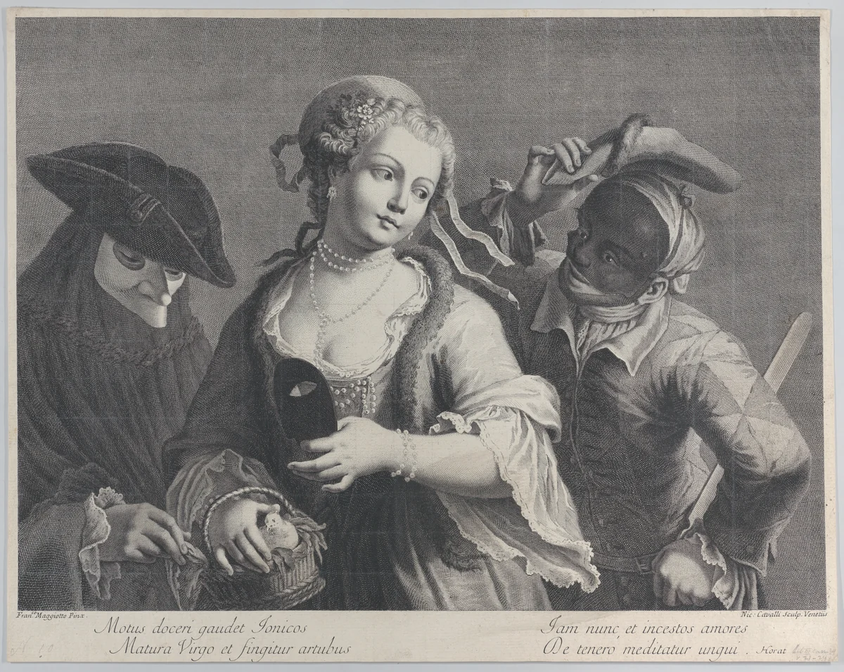 Three half-length figures from a Venetian carnival by Niccolò Cavalli, print, 1750-1822