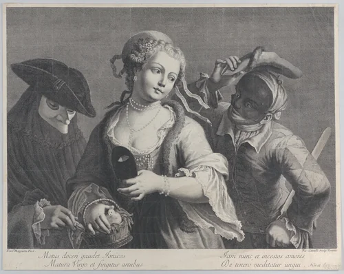 Three half-length figures from a Venetian carnival by Niccolò Cavalli, print, 1750-1822