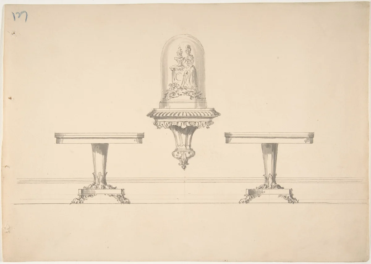 Design for Two Round Pedestal Tables and Rococo-style Carved Shelf Supporting a Clock under Glass by anonymous, drawing, 1800-1850