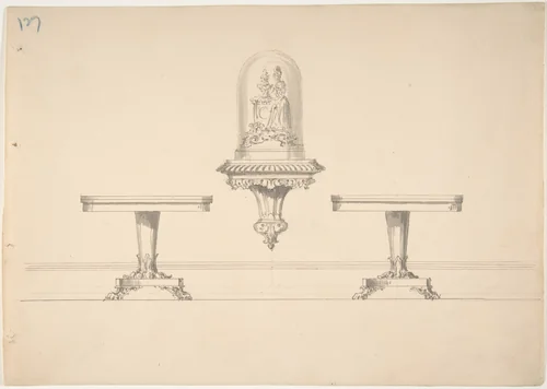 Design for Two Round Pedestal Tables and Rococo-style Carved Shelf Supporting a Clock under Glass by anonymous, drawing, 1800-1850