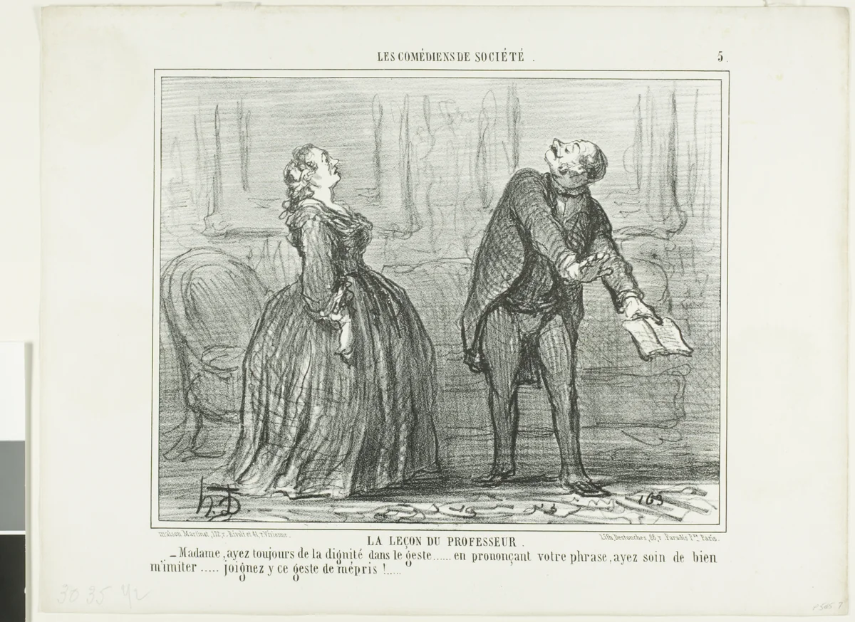 The Lesson of the Professor, plate five from Les Comédiens de Société by Honoré-Victorin Daumier, print, 1858