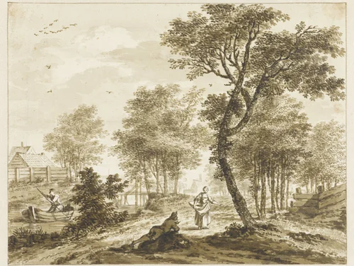 Landschap met figuren en links een man in een punter by Bartholomeus Barbiers, drawing, 1750-1808