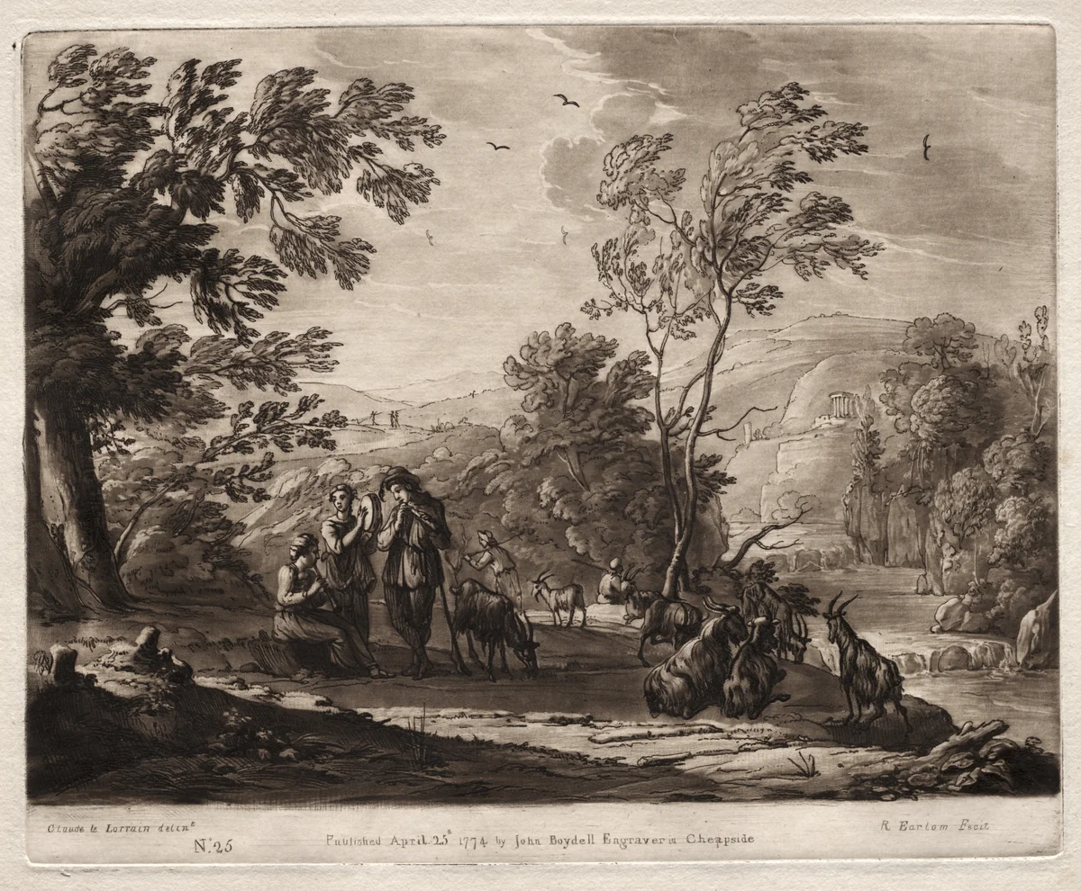 Liber Veritatis: No. 25, A Mountainous and Wooded Landscape with Shepherds Playing and Goats Browsing by Richard Earlom, print, 1774