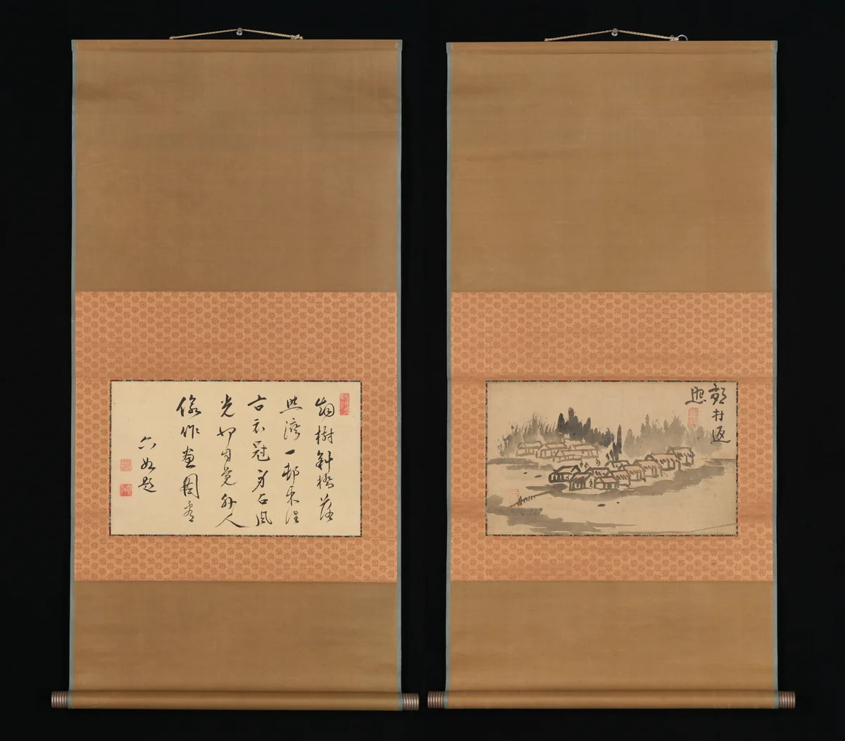 Evening Glow in a Mountain Village and Calligraphy by Ike no Taiga (池大雅), painting, 1767-1833