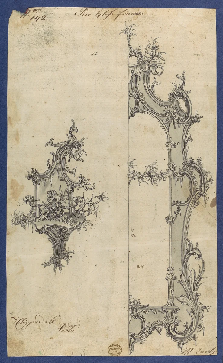 Pier Glass Frames, in Chippendale Drawings, Vol. I by Thomas Chippendale, drawing, 1754