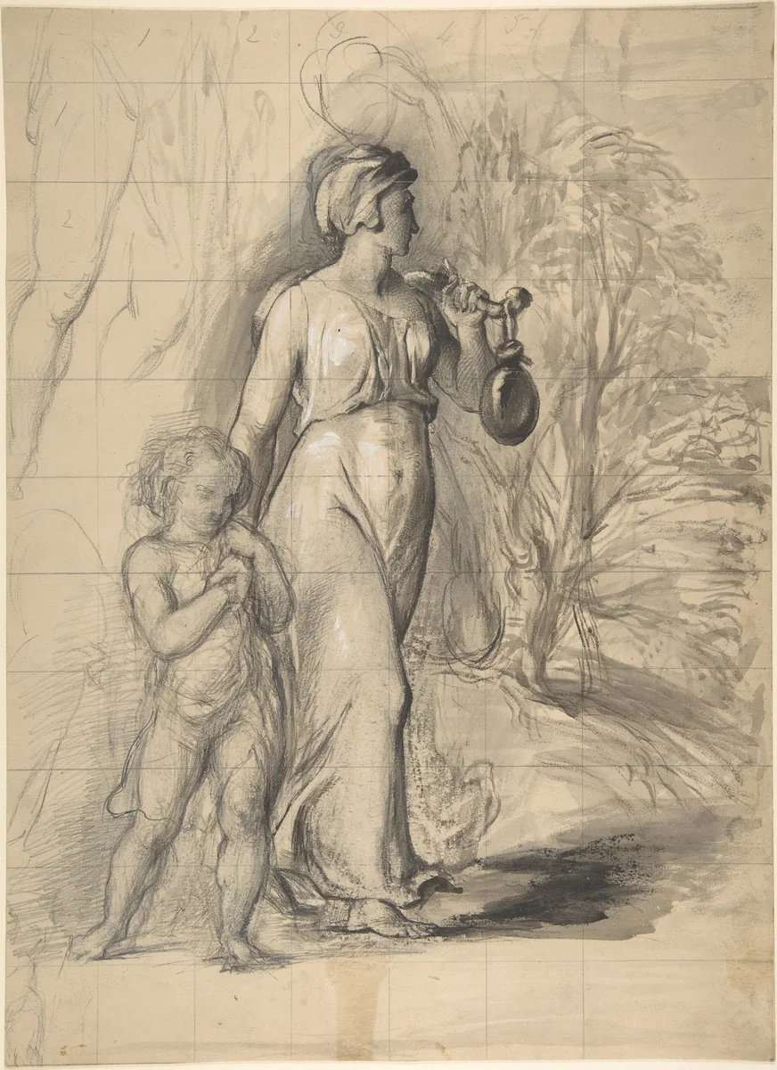 Hagar and Ishmael in the Wilderness (recto); Two portrait studies of the artist's wife, and a study of a leg and torso (verso) by George Richmond, drawing, 1829-1833