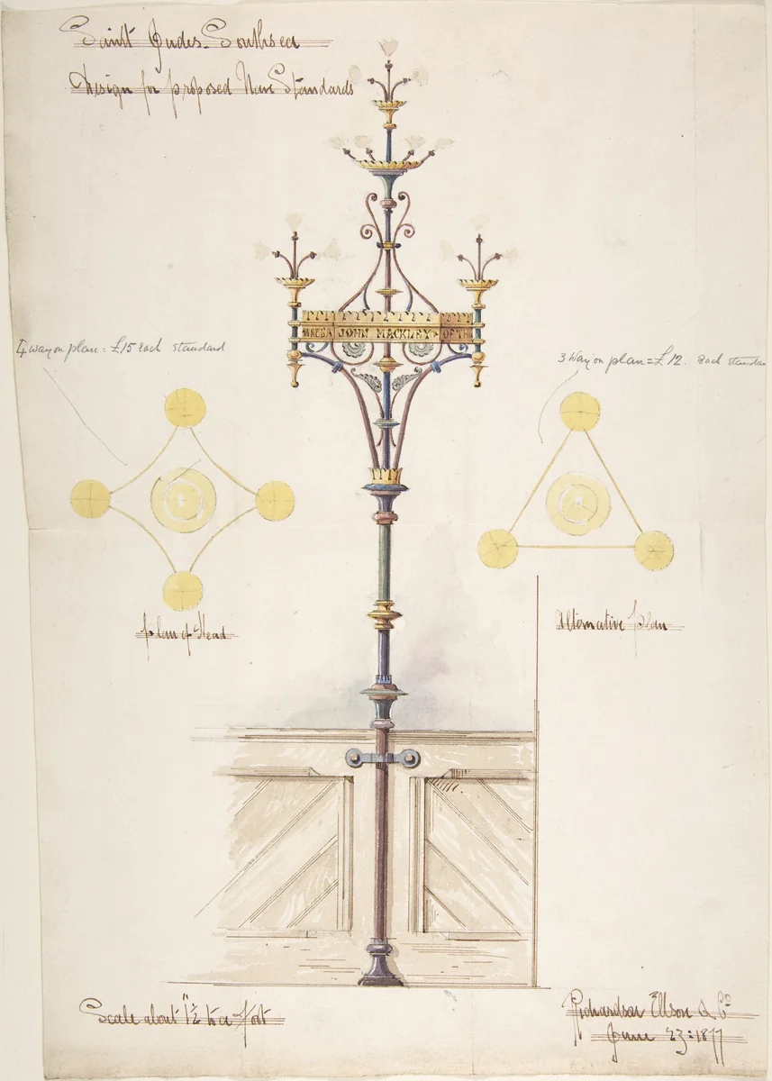Designs for Nave Standards, St. Jude's Southsea by Richardson Ellson, drawing, 1875-1885