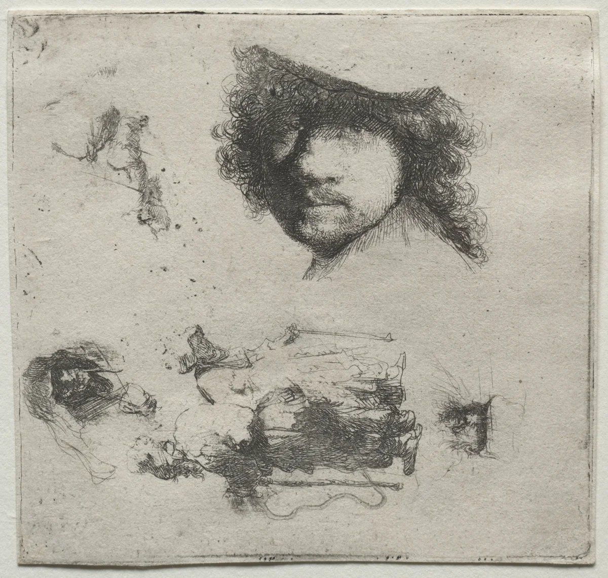 Sheet of Studies: Self-Portrait, a Beggar Couple, etc. by Rembrandt van Rijn, print, 1627-1637