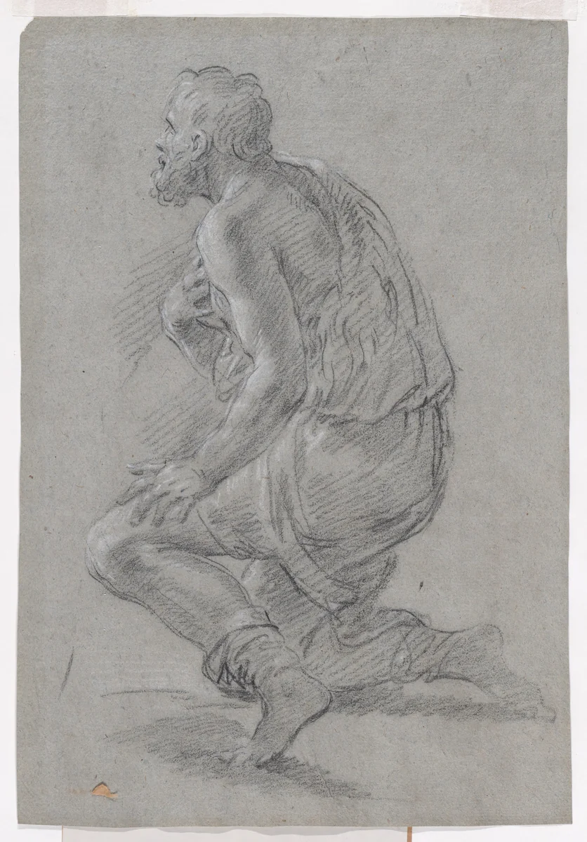 Study of Male Figure Kneeling in a Three-Quarter View, Facing Left (a Shepherd) by Giacomo Zoboli, drawing, 1700-1767