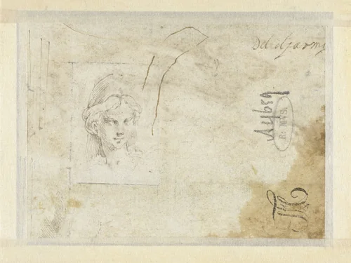 Hoofdje van een vrouw met een helm (Minerva?) by Parmigianino, drawing, 1530-1540