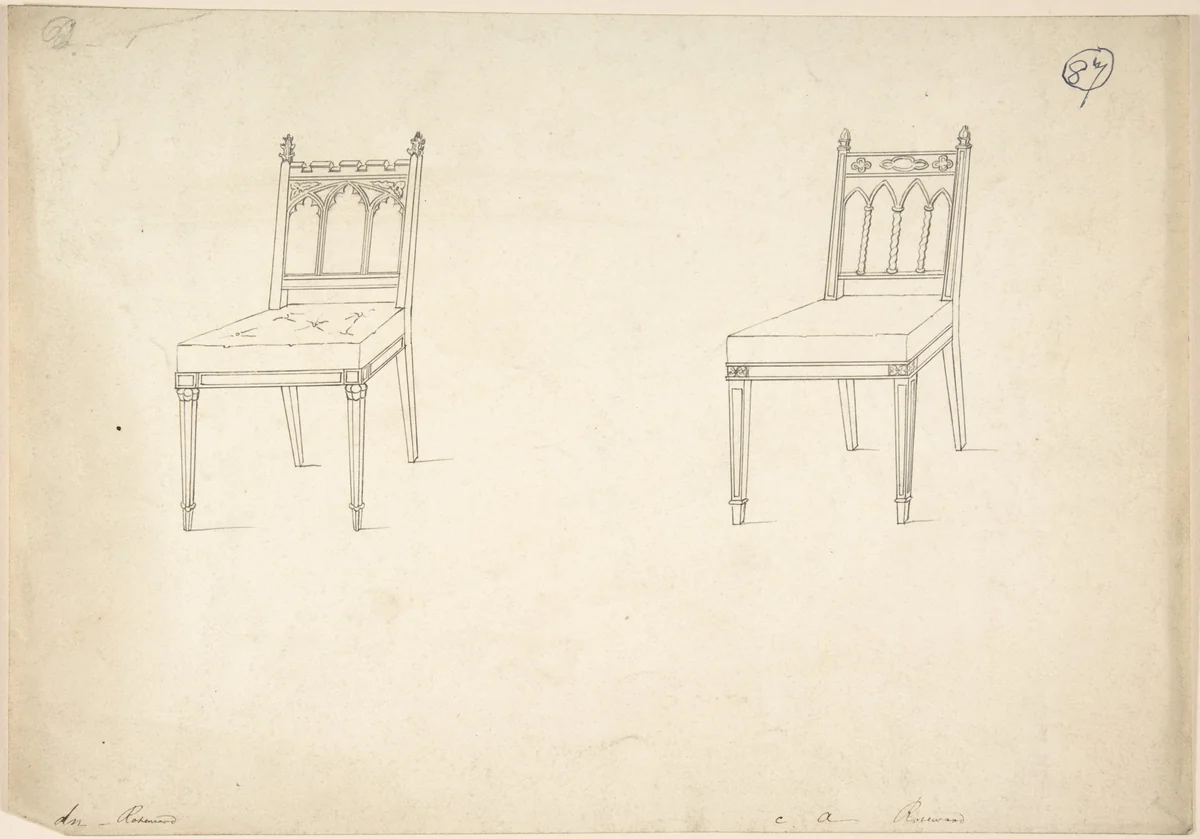 Design for Two Gothic Chairs by Charles Hindley and Sons, drawing, 1841-1884