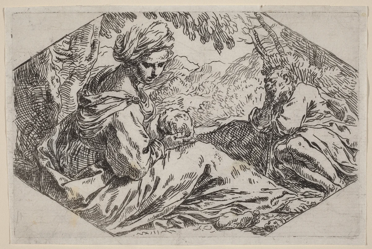 The Rest on the Flight into Egypt by Simone Cantarini, print, 1612-1648