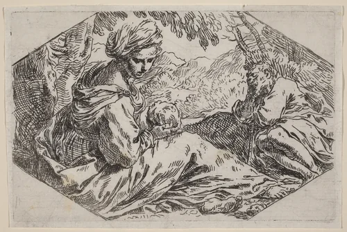 The Rest on the Flight into Egypt by Simone Cantarini, print, 1612-1648