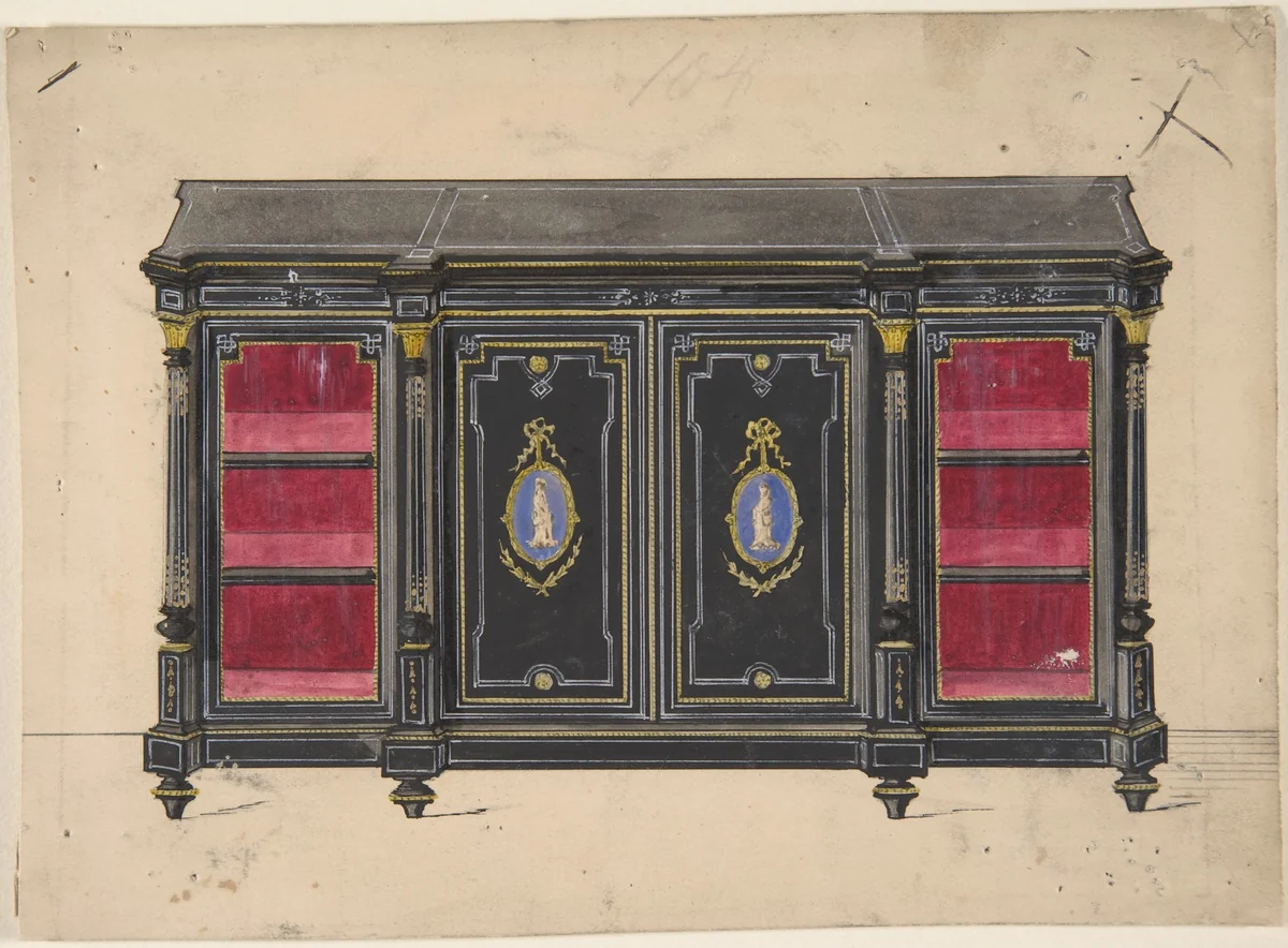 Cabinet Design with Porcelain Plaques and Red Interior by anonymous, drawing, 1800-1900