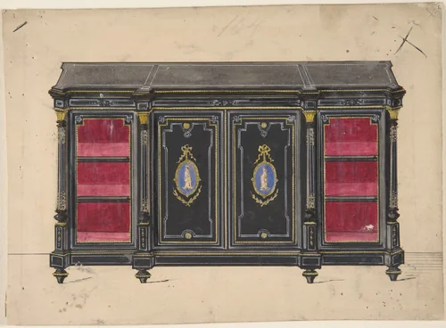Cabinet Design with Porcelain Plaques and Red Interior by anonymous, drawing, 1800-1900