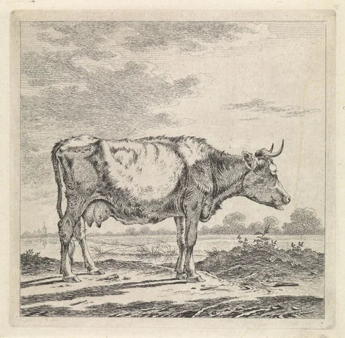 Landschap met koe aan waterkant by Pieter Janson, print, 1780-1851