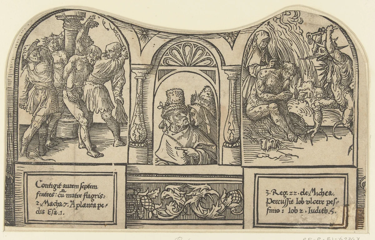 De geseling van de zeven broers en Job door zijn vrouw en Satan mishandeld by Unknown, print, 1518-1522