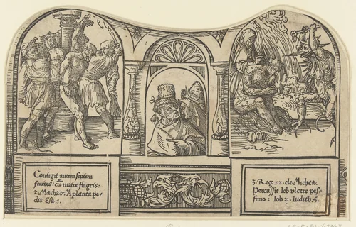 De geseling van de zeven broers en Job door zijn vrouw en Satan mishandeld by Unknown, print, 1518-1522