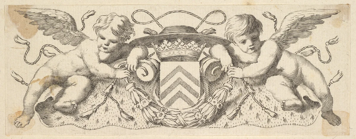 Two Cherubs with the Arms of Cardinal Richelieu by Claude Mellan, print, 1630-1642