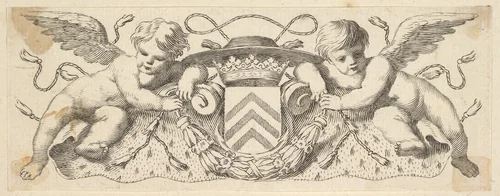 Two Cherubs with the Arms of Cardinal Richelieu by Claude Mellan, print, 1630-1642