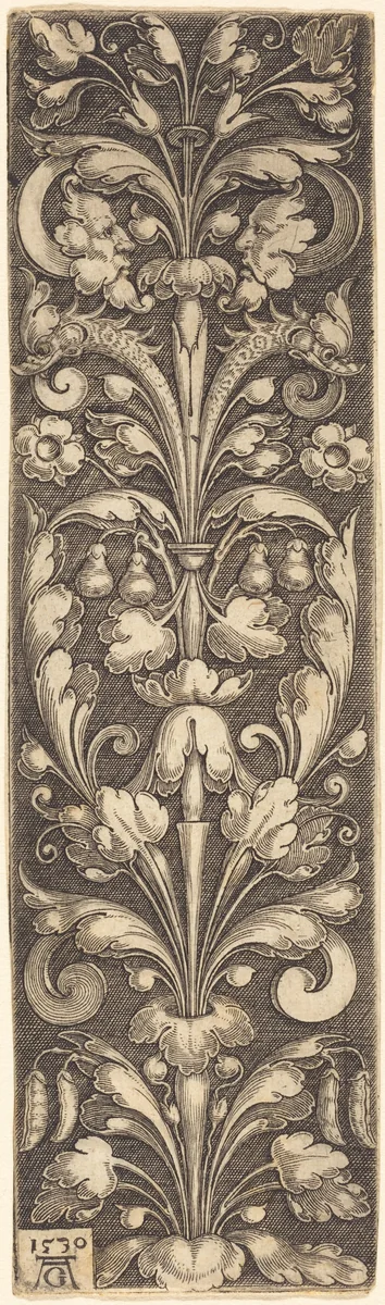 Sprig of Ornamental Foliage with Two Masks and Two Dolphins by Heinrich Aldegrever, print, 1530