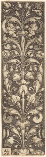 Sprig of Ornamental Foliage with Two Masks and Two Dolphins by Heinrich Aldegrever, print, 1530