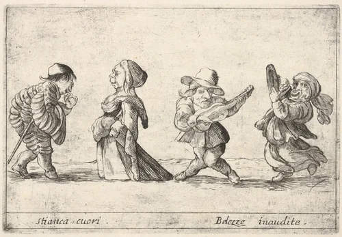 Callot figures; a well-dressed dwarf man to left declaring his love to an old dwarf woman to left, a dwarf man playing the guitar and a dwarf woman dancing with a tambourine to right, from Six grotesques (Six pièces de figures grotesques) by Agostino Mitelli, print, 1684
