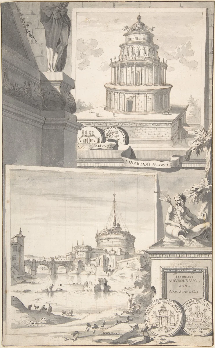 Reconstruction of the Mausoleum of Hadrian (above) and a View of the Castel S. Angelo (below) by Jan Goeree, drawing, 1690-1704