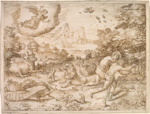 The Expulsion from Paradise by Jan Wierix, drawing, 1607-1608